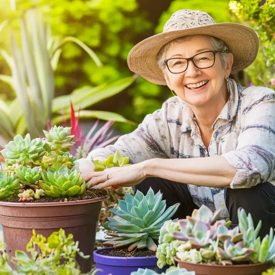 Sarah mit Sukkulenten im Garten